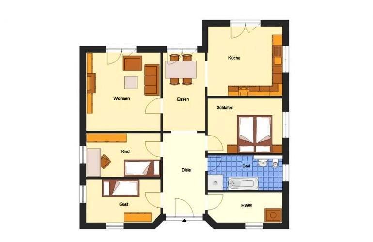 Massivhaus Bungalow Sylt von EWA Hausbau Schlüsselfertig ab 260990€, Bungalow Grundriss 1