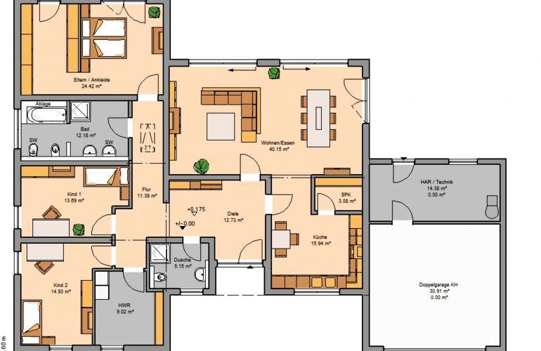 Massivhaus BUNGALOW TRIO von Kern-Haus Chemnitz Schlüsselfertig ab 589900€, Bungalow Grundriss 1