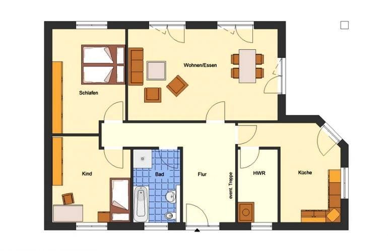 Massivhaus Bungalow Usedom von EWA Hausbau Schlüsselfertig ab 260990€, Bungalow Grundriss 1