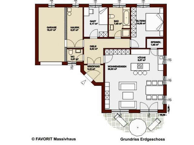 Massivhaus Chalet 103 von FAVORIT Massivhaus Schlüsselfertig ab 251660€, Bungalow Grundriss 1
