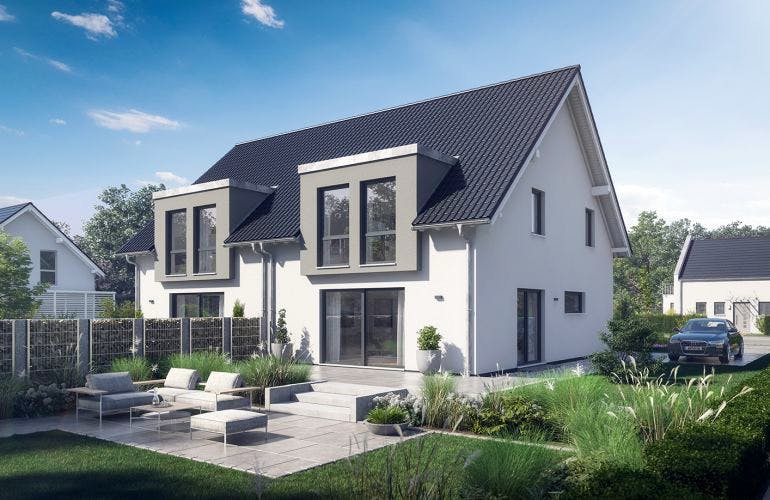 Massivhaus DOPPELHAUS VISEO von Kern-Haus Chemnitz Schlüsselfertig ab 354900€, Satteldach-Klassiker Außenansicht 1