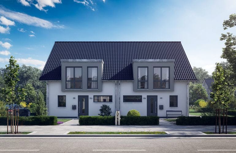 Massivhaus DOPPELHAUS VISEO von Kern-Haus Chemnitz Schlüsselfertig ab 354900€, Satteldach-Klassiker Außenansicht 2