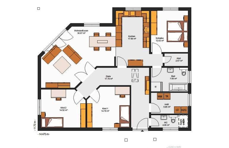 Massivhaus IL-3-132 von Elbe-Haus, Bungalow Grundriss 1