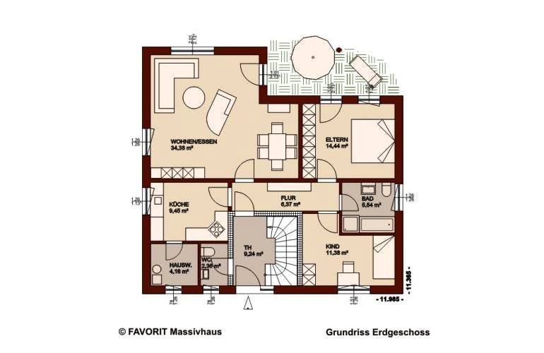 Massivhaus Premium 88-78 von FAVORIT Massivhaus (alt) Schlüsselfertig ab 321310€, Bungalow Grundriss 1