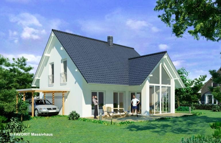 Massivhaus Select 129 von FAVORIT Massivhaus Schlüsselfertig ab 331080€, Satteldach-Klassiker Außenansicht 1