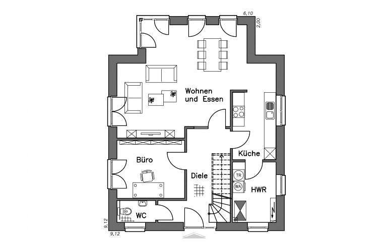 Massivhaus Stadtvilla SV125 Variante T von Baudirekt, Stadtvilla Grundriss 1