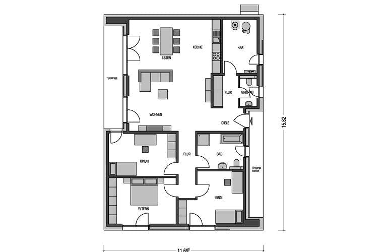 Massivhaus Trend 2000.2 von KONZEPTHAUS, Bungalow Grundriss 1