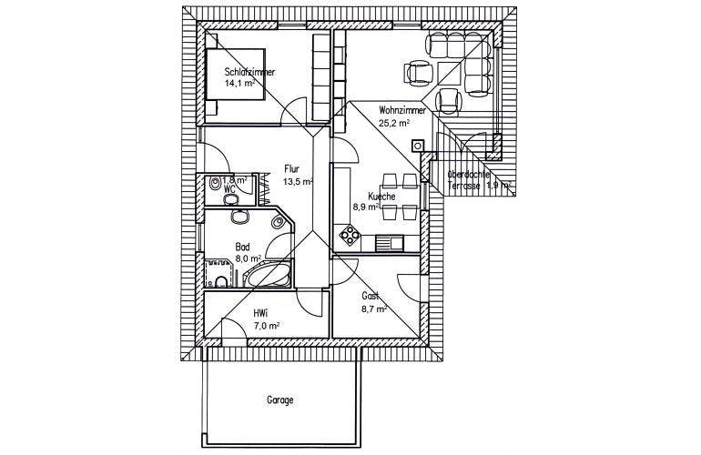 Massivhaus Weissbuche 87 von Baufuchs-Massivhaus Schlüsselfertig ab 168300€, Bungalow Grundriss 1
