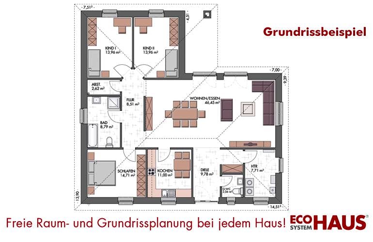 Massivhaus Winkelbungalow 140 von ECO System HAUS, Grundriss 1