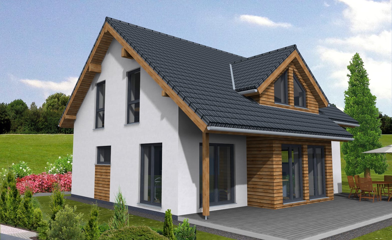 Fertighaus New Edition 159 von Suckfüll Energiesparhaus Schlüsselfertig ab 378100€, Satteldach-Klassiker Außenansicht 1