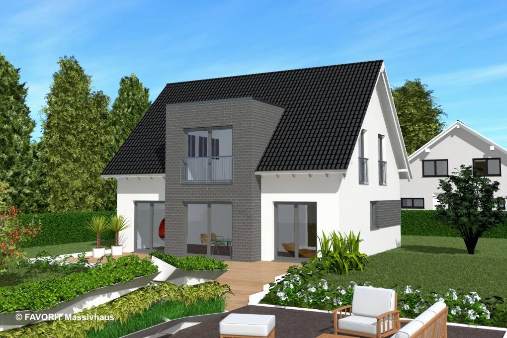 Massivhaus Noblesse 128 von FAVORIT Massivhaus Schlüsselfertig ab 322510€, Satteldach-Klassiker Außenansicht 1