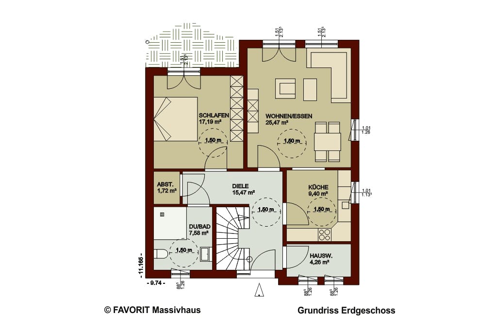 Massivhaus Noblesse 153 von FAVORIT Massivhaus Schlüsselfertig ab 347400€, Satteldach-Klassiker Grundriss 1