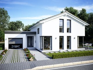 Fertighaus Musterhaus Mülheim-Kärlich von OKAL Haus Schlüsselfertig ab 519900€, Satteldach-Klassiker Außenansicht 1