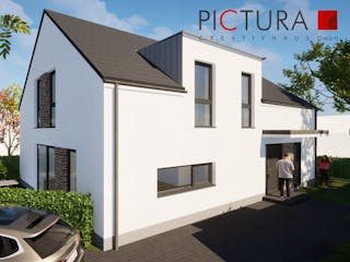 Massivhaus Einfamilienhaus Satteldach mit Gaube von PICTURA creativhaus Schlüsselfertig ab 480000€, Außenansicht 1
