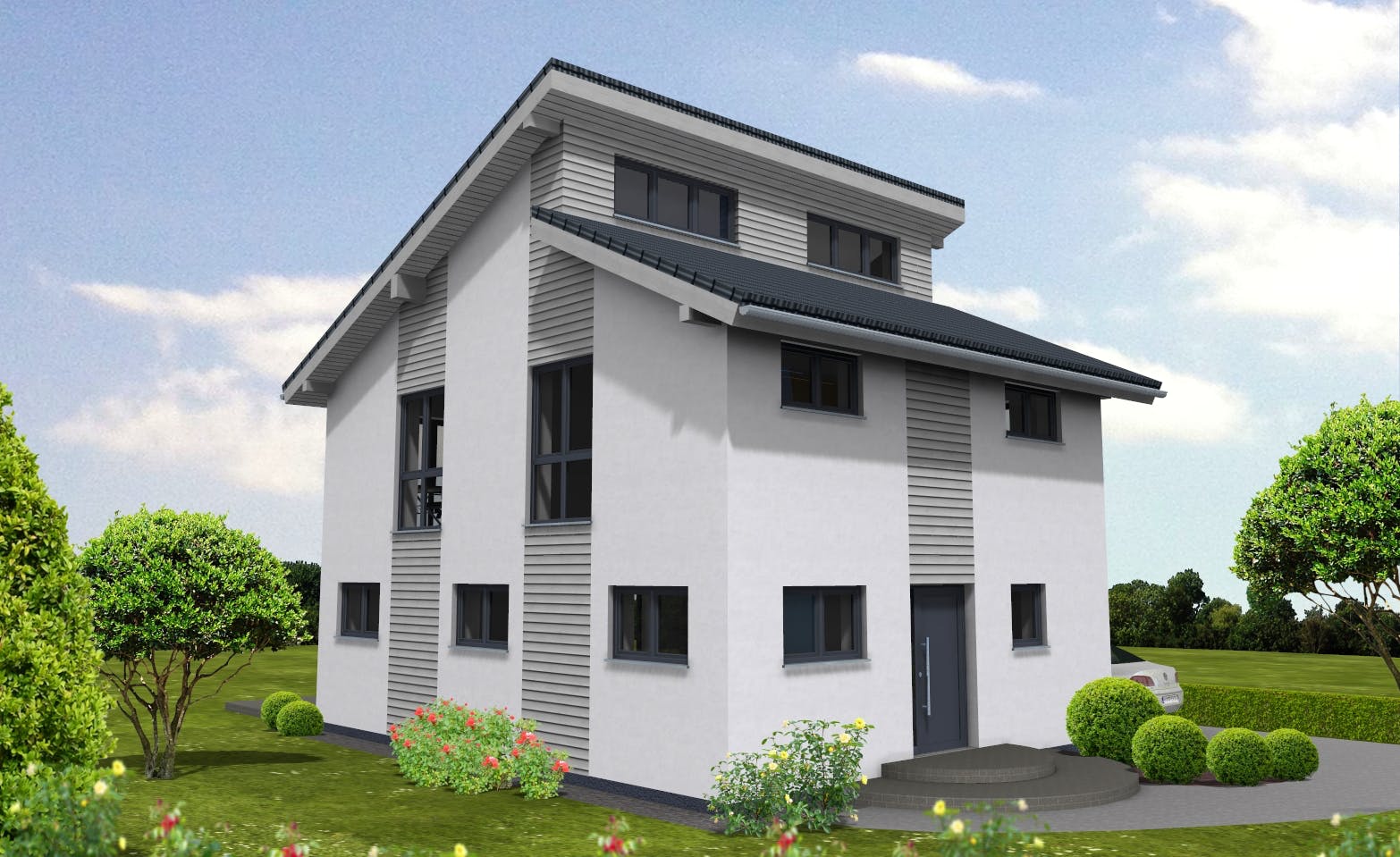 Fertighaus Pulthaus 127 von Suckfüll Energiesparhaus Schlüsselfertig ab 334500€, Pultdachhaus Außenansicht 1
