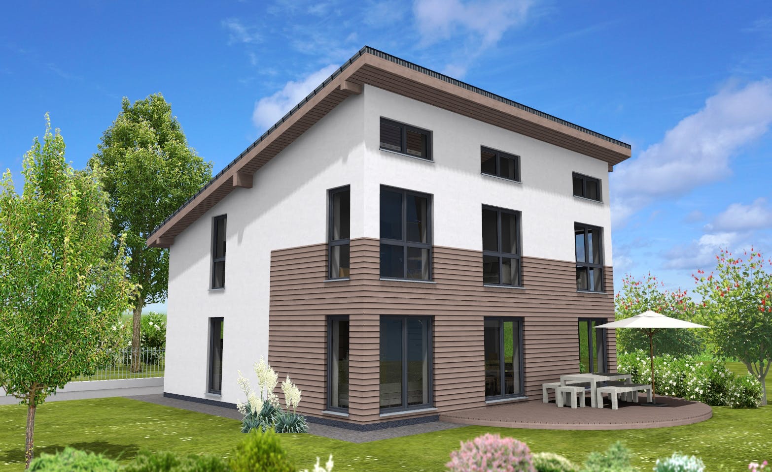 Fertighaus Pulthaus 167 von Suckfüll Energiesparhaus Schlüsselfertig ab 389350€, Pultdachhaus Außenansicht 1