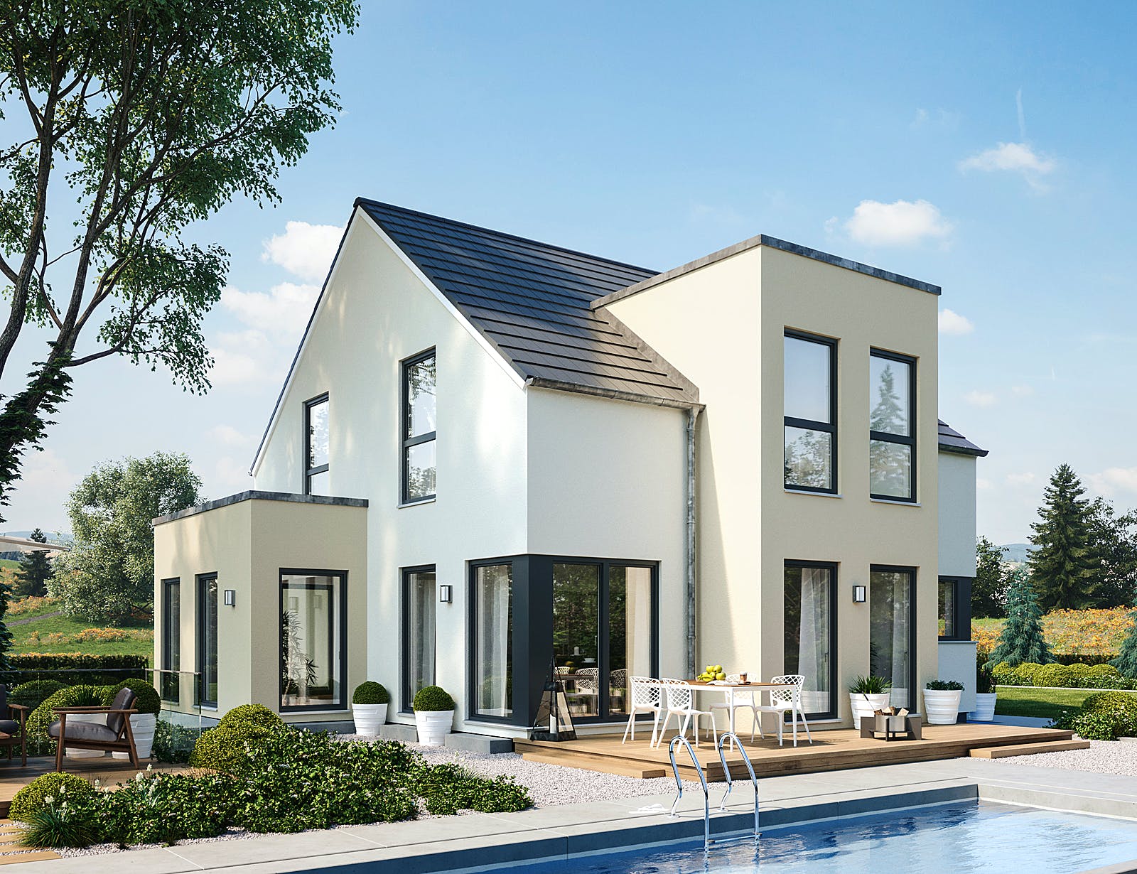Fertighaus Sensation-E-133 E3 von SCHWABENHAUS Schlüsselfertig ab 394723€, Satteldach-Klassiker Außenansicht 1