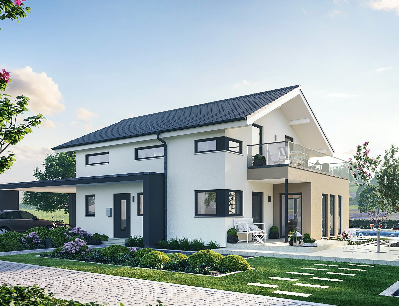 Fertighaus Sensation-E-133 E6 von SCHWABENHAUS Schlüsselfertig ab 393575€, Satteldach-Klassiker Außenansicht 1