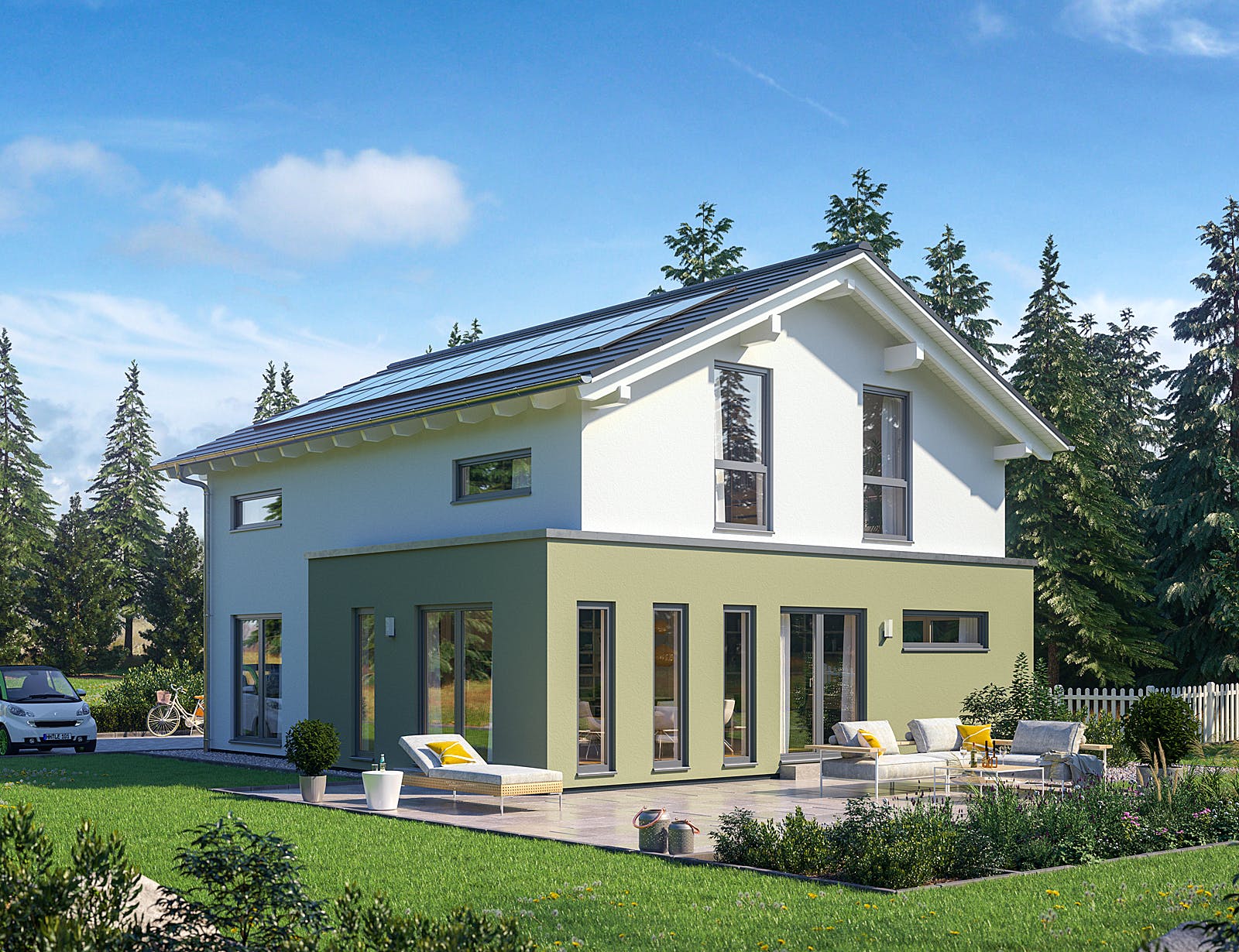 Fertighaus SmartSpace-E-140 E3 von SCHWABENHAUS Schlüsselfertig ab 376238€, Satteldach-Klassiker Außenansicht 1