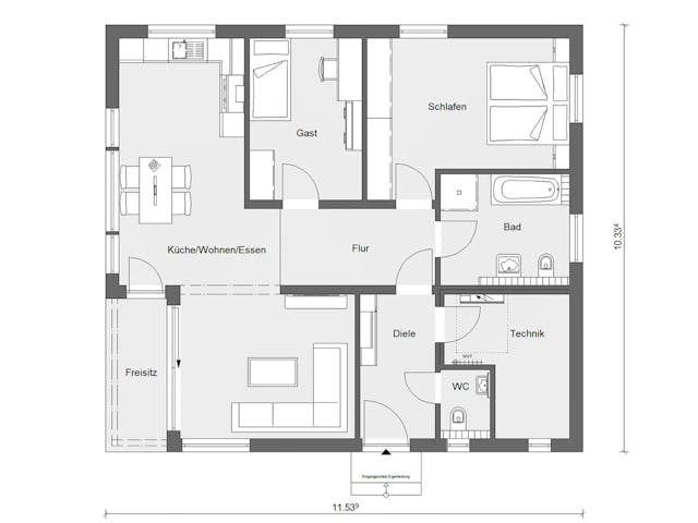 Fertighaus E 10-095.2 - Bungalow ebenerdig von SchwörerHaus - Österreich Schlüsselfertig ab 316690€, Bungalow Grundriss 1