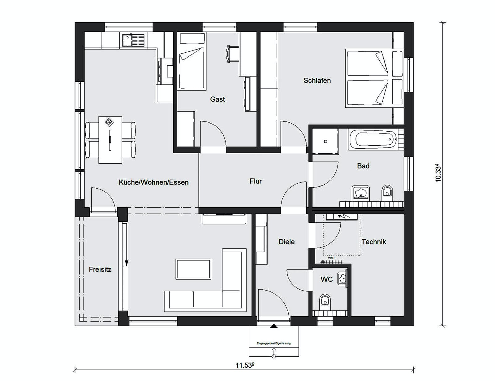 Fertighaus E 10-095.2 - Bungalow ebenerdig von SchwörerHaus Schlüsselfertig ab 328030€, Bungalow Grundriss 1