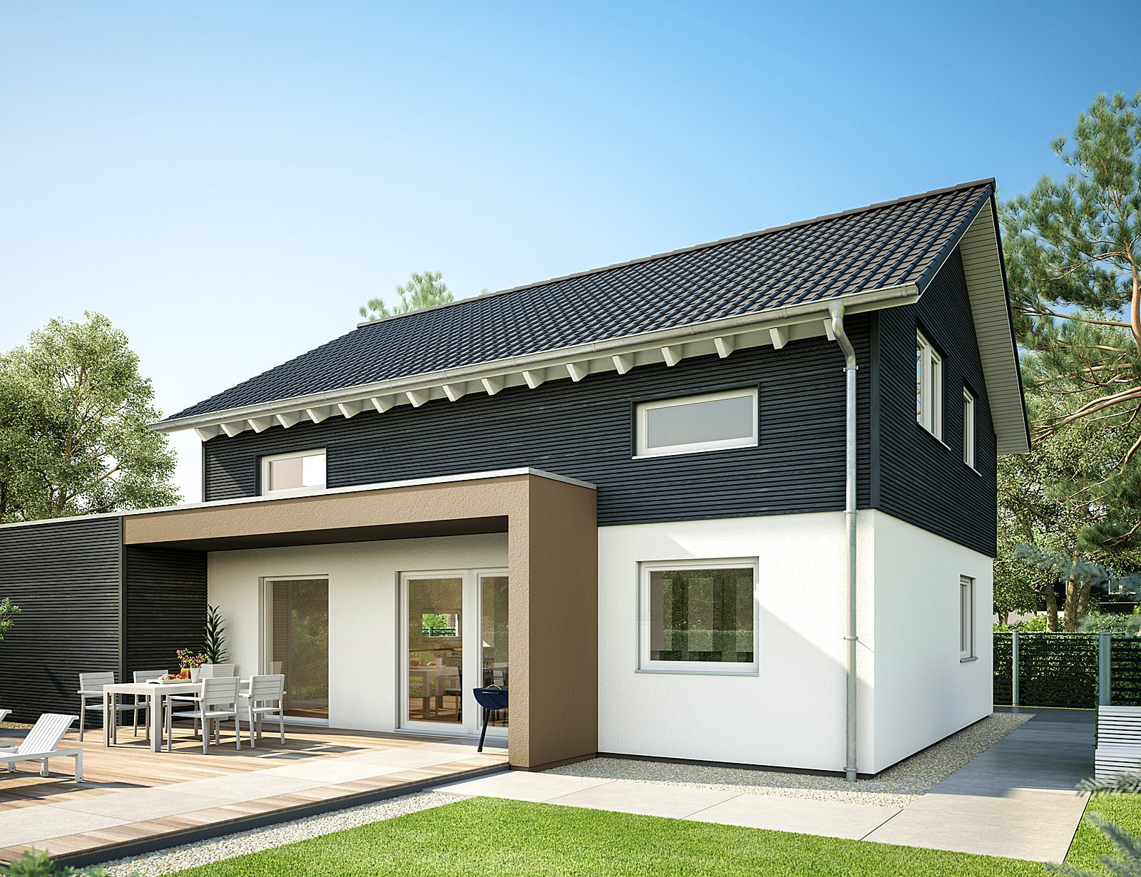 Fertighaus E 15-143.29 - Haus mit Vordach von SchwörerHaus Schlüsselfertig ab 384353€, Satteldach-Klassiker Außenansicht 1