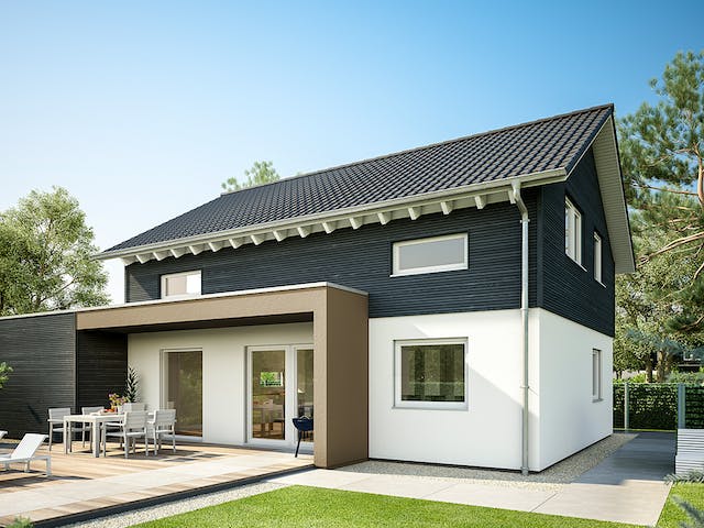 Fertighaus E 15-143.29 - Haus mit Vordach von SchwörerHaus Schlüsselfertig ab 384353€, Satteldach-Klassiker Außenansicht 1