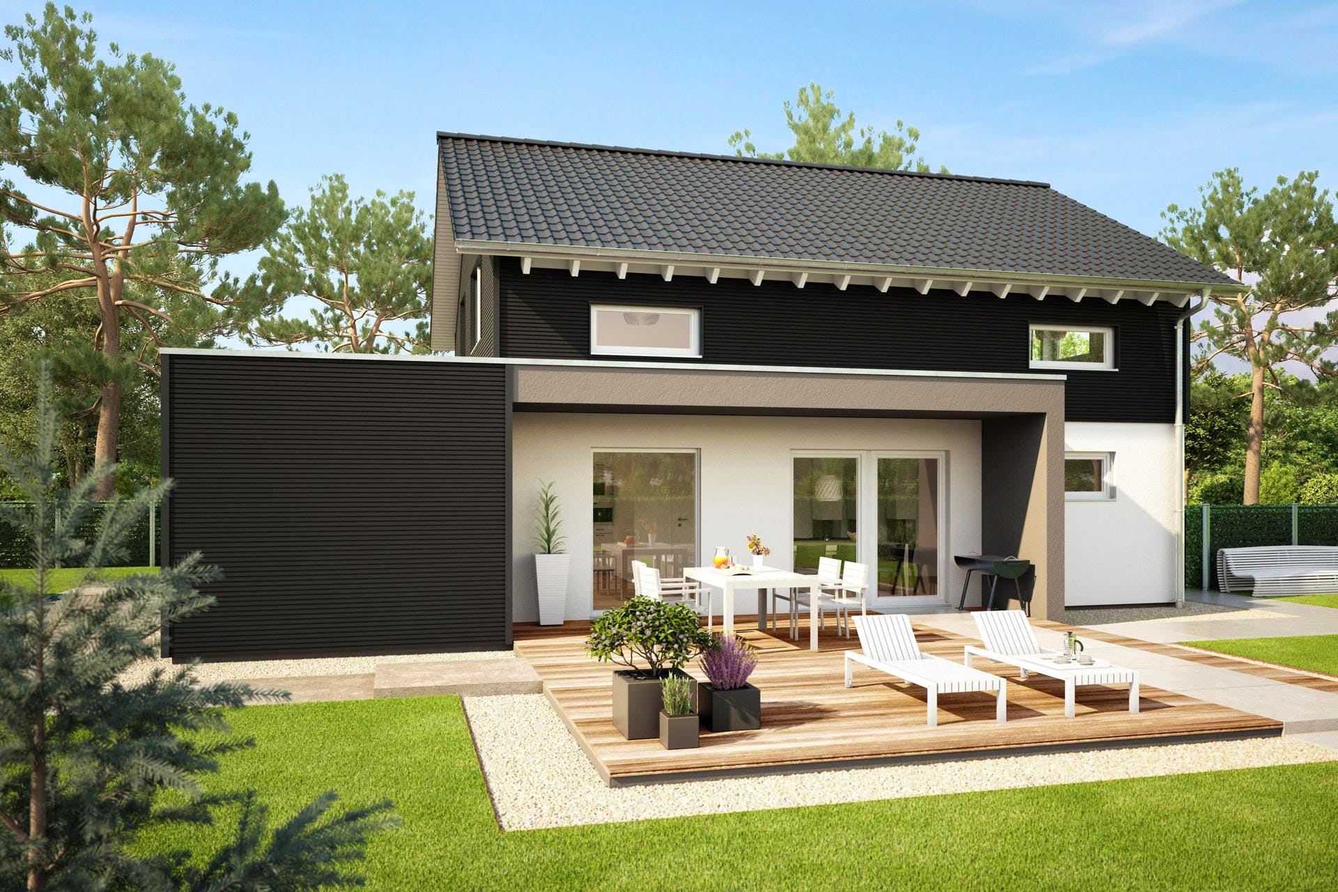 Fertighaus E 15-143.29 - Haus mit Vordach von SchwörerHaus Schlüsselfertig ab 384353€, Satteldach-Klassiker Außenansicht 2