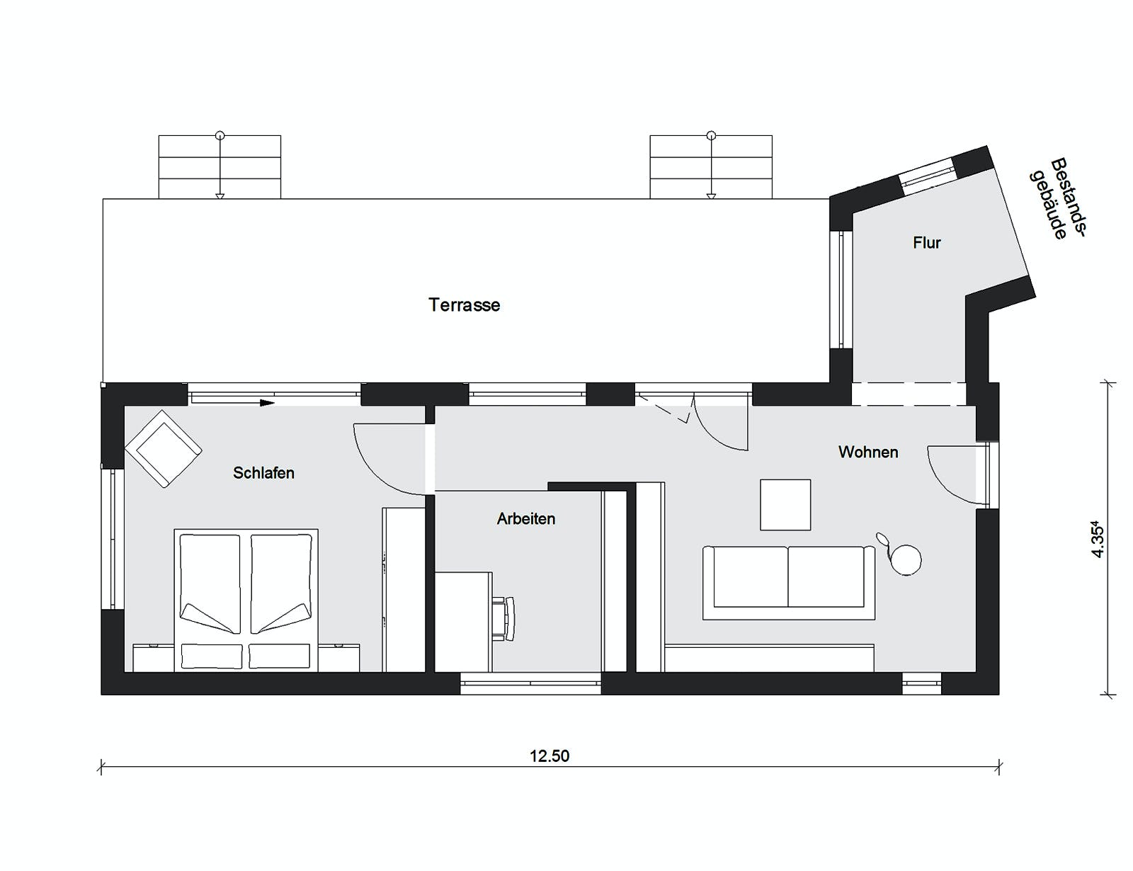 Fertighaus F 10-043.13 - Wohnmodul FlyingSpace als Anbau von SchwörerHaus Schlüsselfertig ab 185273€, Bungalow Grundriss 1