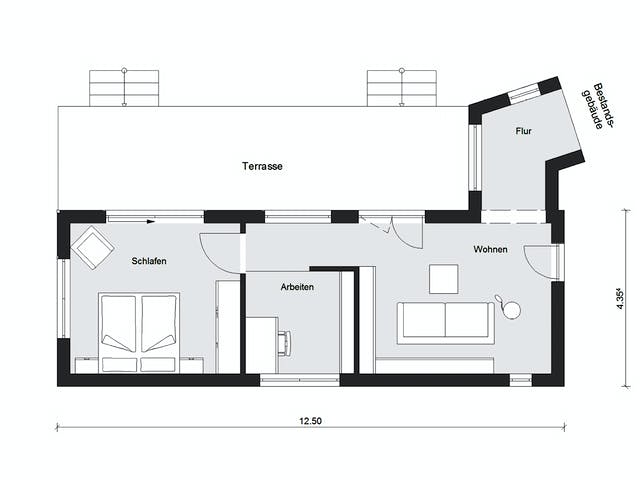Fertighaus F 10-043.13 - Wohnmodul FlyingSpace als Anbau von SchwörerHaus Schlüsselfertig ab 185273€, Bungalow Grundriss 1