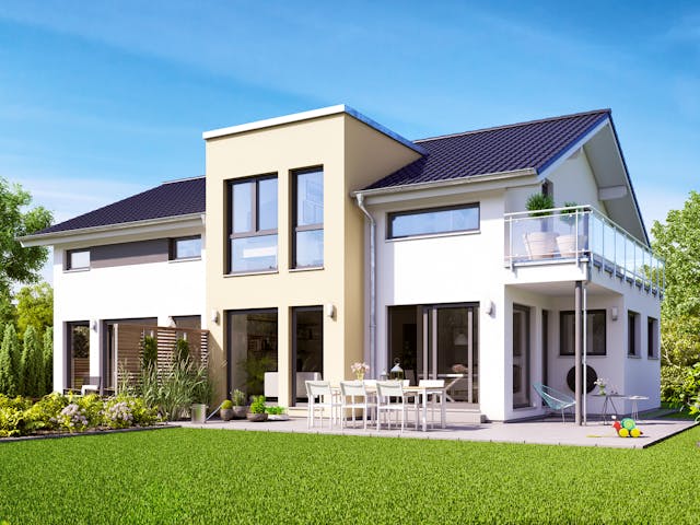 Fertighaus SOLUTION 230 V4 von Living Fertighaus Schlüsselfertig ab 655971€, Satteldach-Klassiker Außenansicht 1