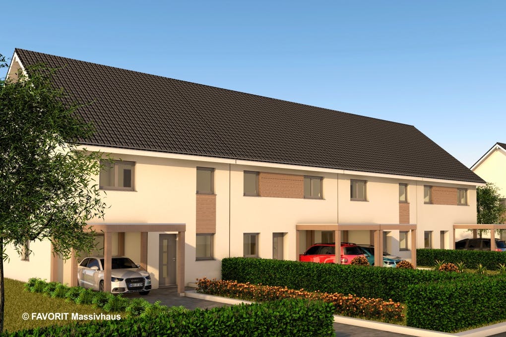 Massivhaus Stella E113/M115 von FAVORIT Massivhaus, Satteldach-Klassiker Außenansicht 1