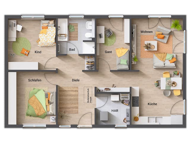 Massivhaus Bungalow 100 von Town & Country Haus Deutschland Schlüsselfertig ab 208450€, Bungalow Grundriss 1