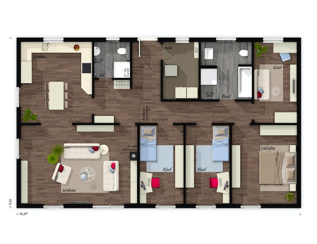 5-Zimmer-Bungalow: Grundriss mit 3 Kinderzimmern von Town & Country Haus