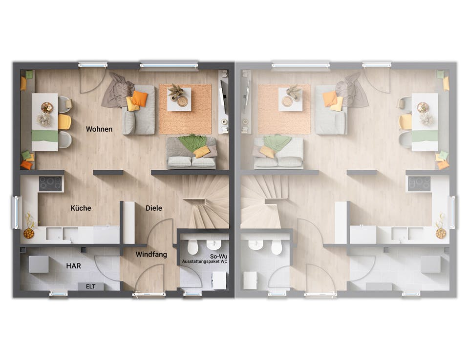 Massivhaus FürDich Doppelhaus von Town & Country Haus Deutschland Schlüsselfertig ab 166350€, Grundriss 1