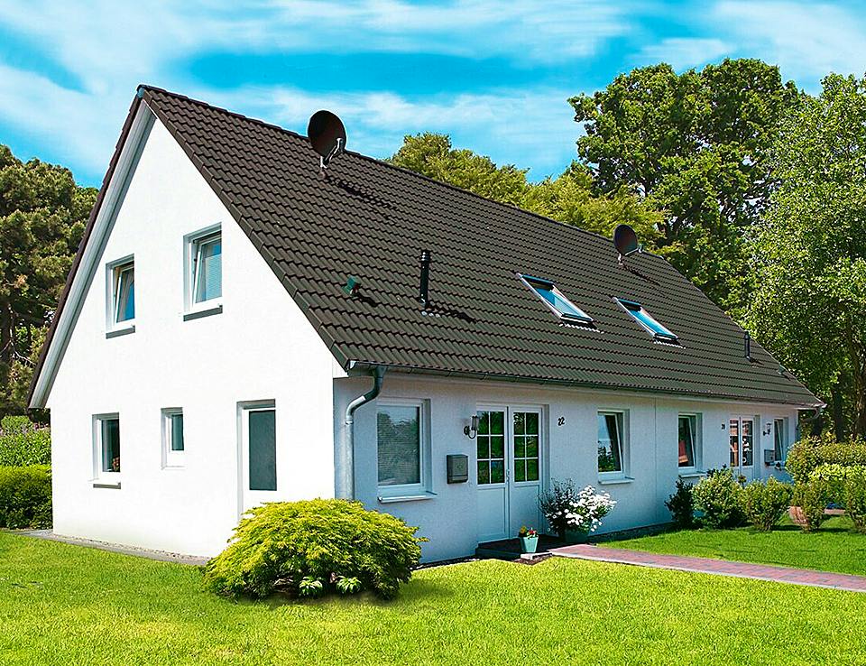 Massivhaus Doppelhaus 140-1 von Team Massivhaus Schlüsselfertig ab 202400€, Satteldach-Klassiker Außenansicht 1