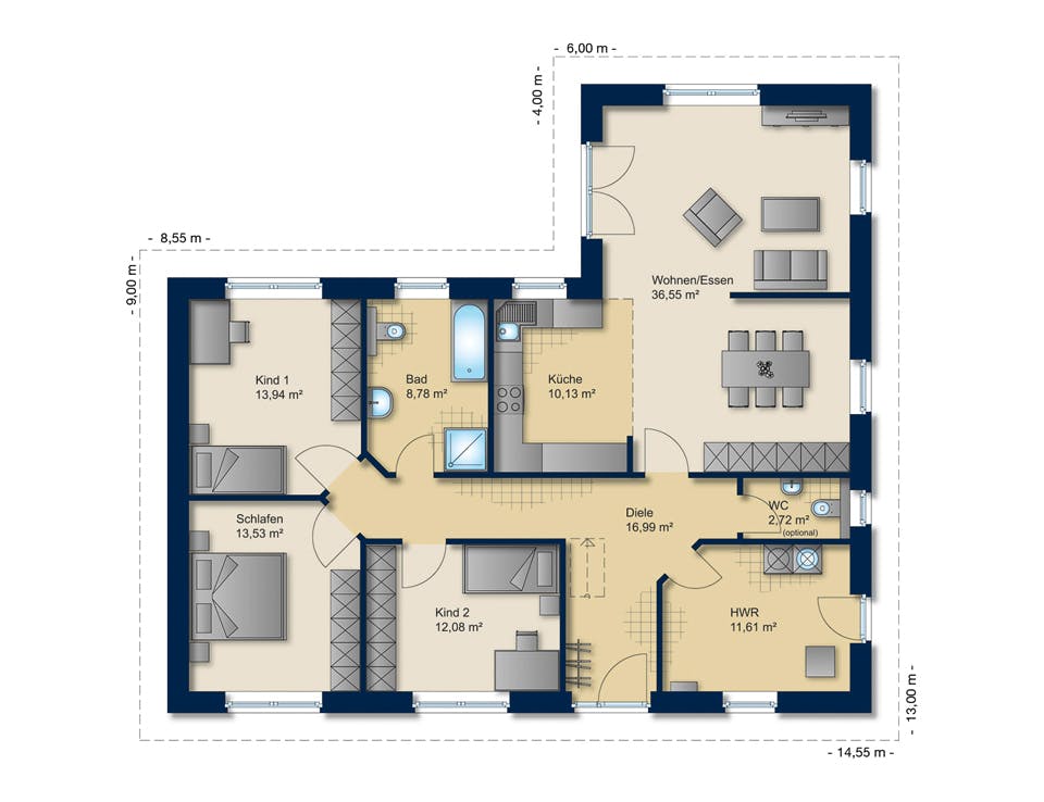 Massivhaus Winkelbungalow 125 von Team Massivhaus Schlüsselfertig ab 225900€, Bungalow Grundriss 1