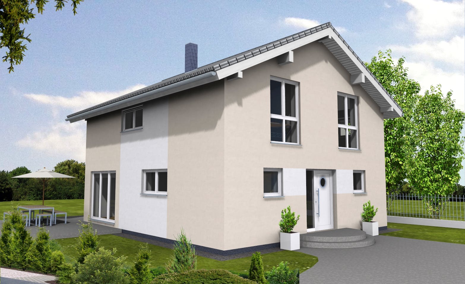 Fertighaus Trendline 140 von Suckfüll Energiesparhaus Schlüsselfertig ab 358200€, Satteldach-Klassiker Außenansicht 1