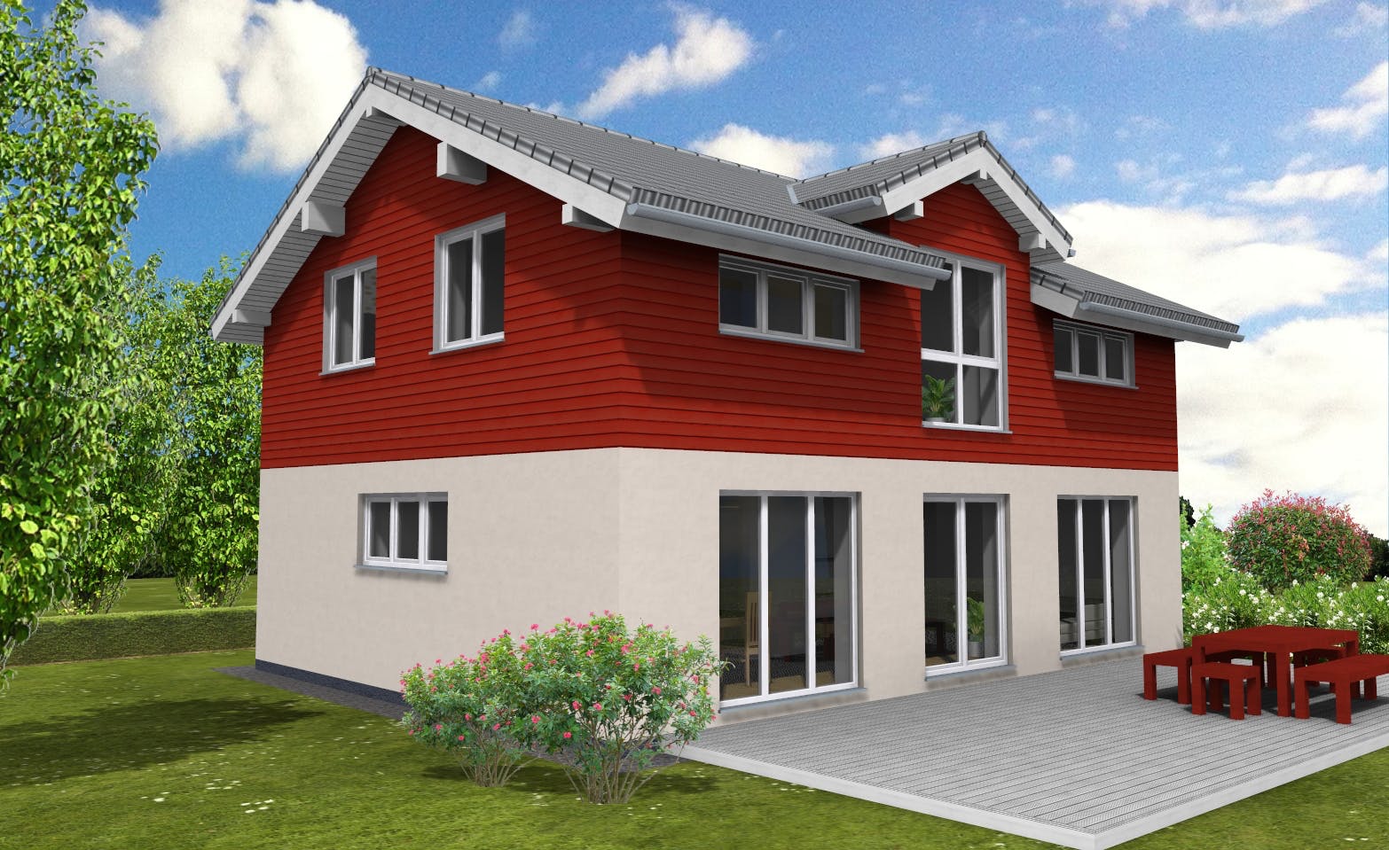 Fertighaus Trendline 142 von Suckfüll Energiesparhaus Schlüsselfertig ab 364350€, Satteldach-Klassiker Außenansicht 1