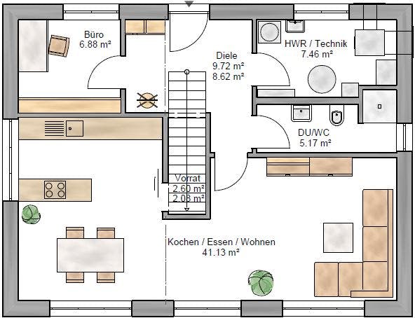 Fertighaus Trendline 142 von Suckfüll Energiesparhaus Schlüsselfertig ab 364350€, Satteldach-Klassiker Grundriss 1