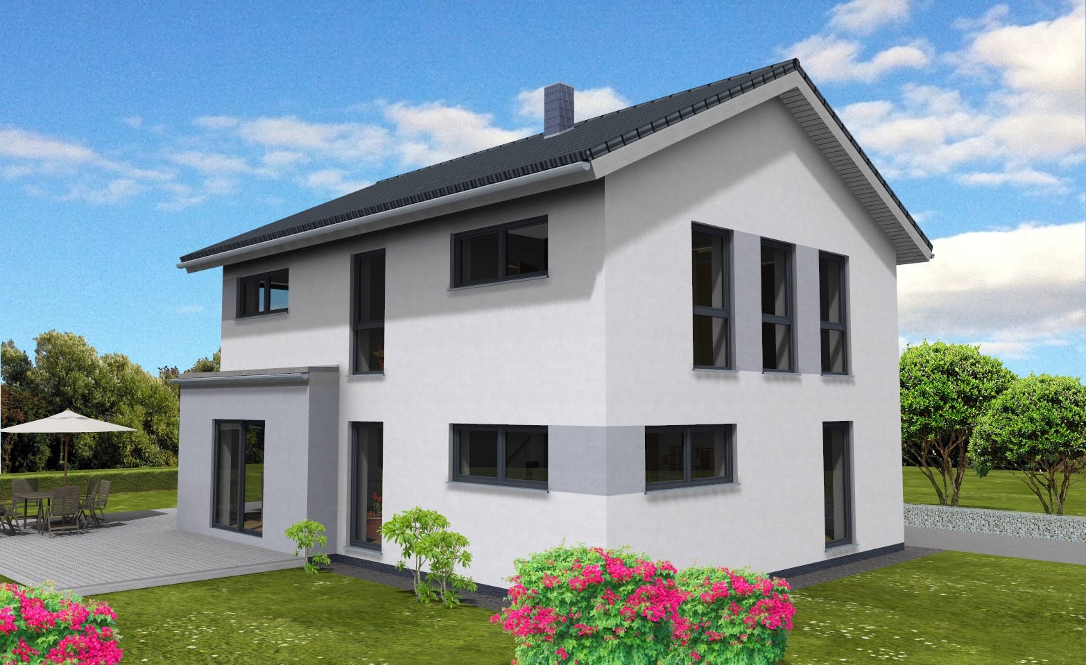 Fertighaus Trendline 154 von Suckfüll Energiesparhaus Schlüsselfertig ab 383050€, Satteldach-Klassiker Außenansicht 1