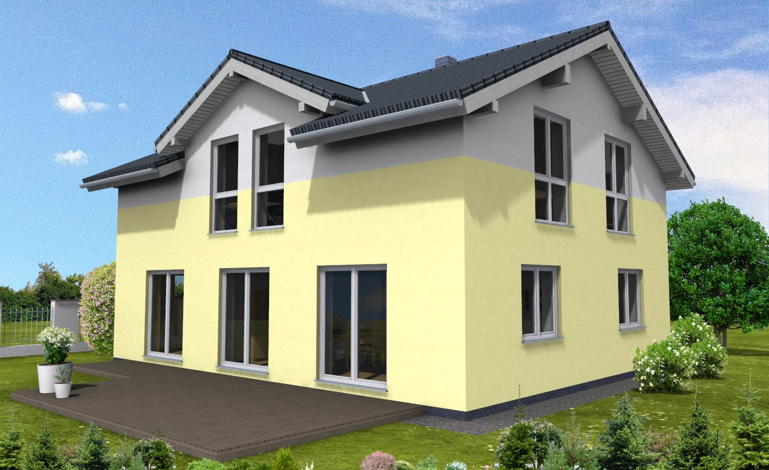 Fertighaus Trendline 166 von Suckfüll Energiesparhaus Schlüsselfertig ab 407550€, Satteldach-Klassiker Außenansicht 1