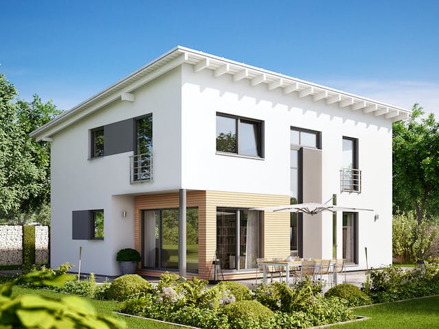 Fertighaus Trento - Var. 153 von Büdenbender Hausbau Schlüsselfertig ab 474821€, Pultdachhaus Außenansicht 1