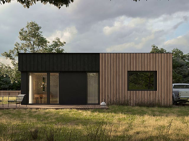 Fertighaus Rohe 98 von Ü-Haus, Bungalow Außenansicht 1 Fertighaus Rohe 98 von Ü-Haus, Bungalow Außenansicht 1