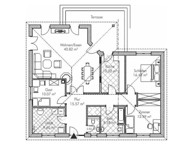 Massivhaus Bungalow W_125 von VARIODOMO Bausysteme Schlüsselfertig ab 303945€, Bungalow Grundriss 1