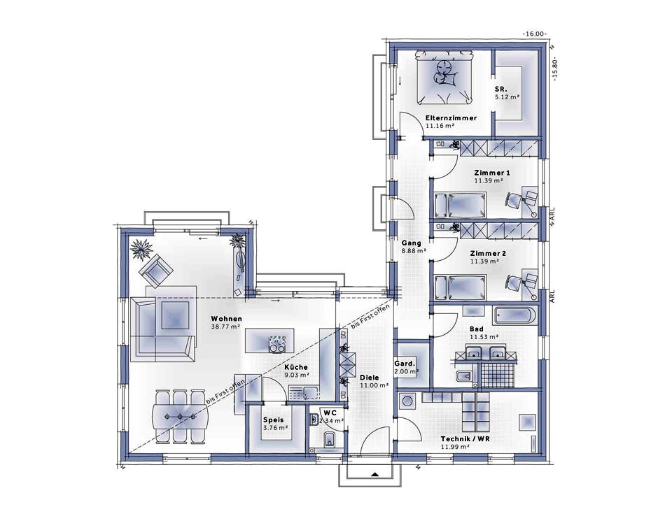 Fertighaus Bungalow Avant von Vario-Haus - Deutschland Schlüsselfertig ab 457780€, Bungalow Grundriss 1