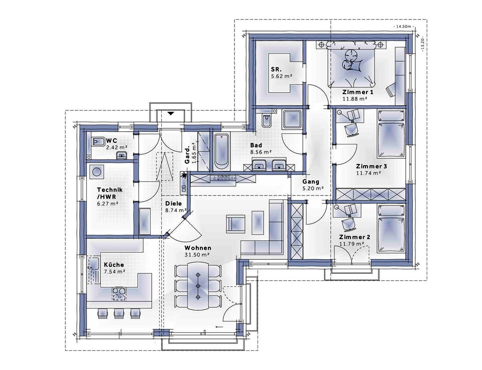 Fertighaus Bungalow Lumia von Vario-Haus - Deutschland Schlüsselfertig ab 379720€, Bungalow Grundriss 1