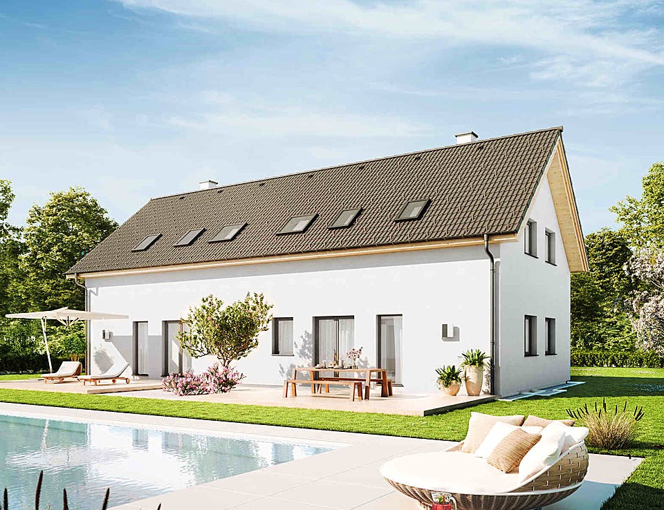 Fertighaus Duplex D115 von Vario-Haus - Deutschland Schlüsselfertig ab 349490€, Satteldach-Klassiker Außenansicht 2