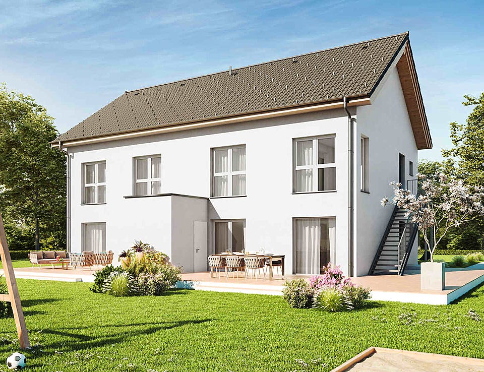 Fertighaus Duplex TRIO von Vario-Haus - Deutschland Schlüsselfertig ab 195610€, Satteldach-Klassiker Außenansicht 1