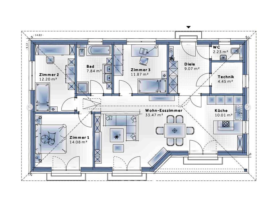 Fertighaus Family Compact von Vario-Haus - Deutschland Schlüsselfertig ab 327960€, Bungalow Grundriss 1